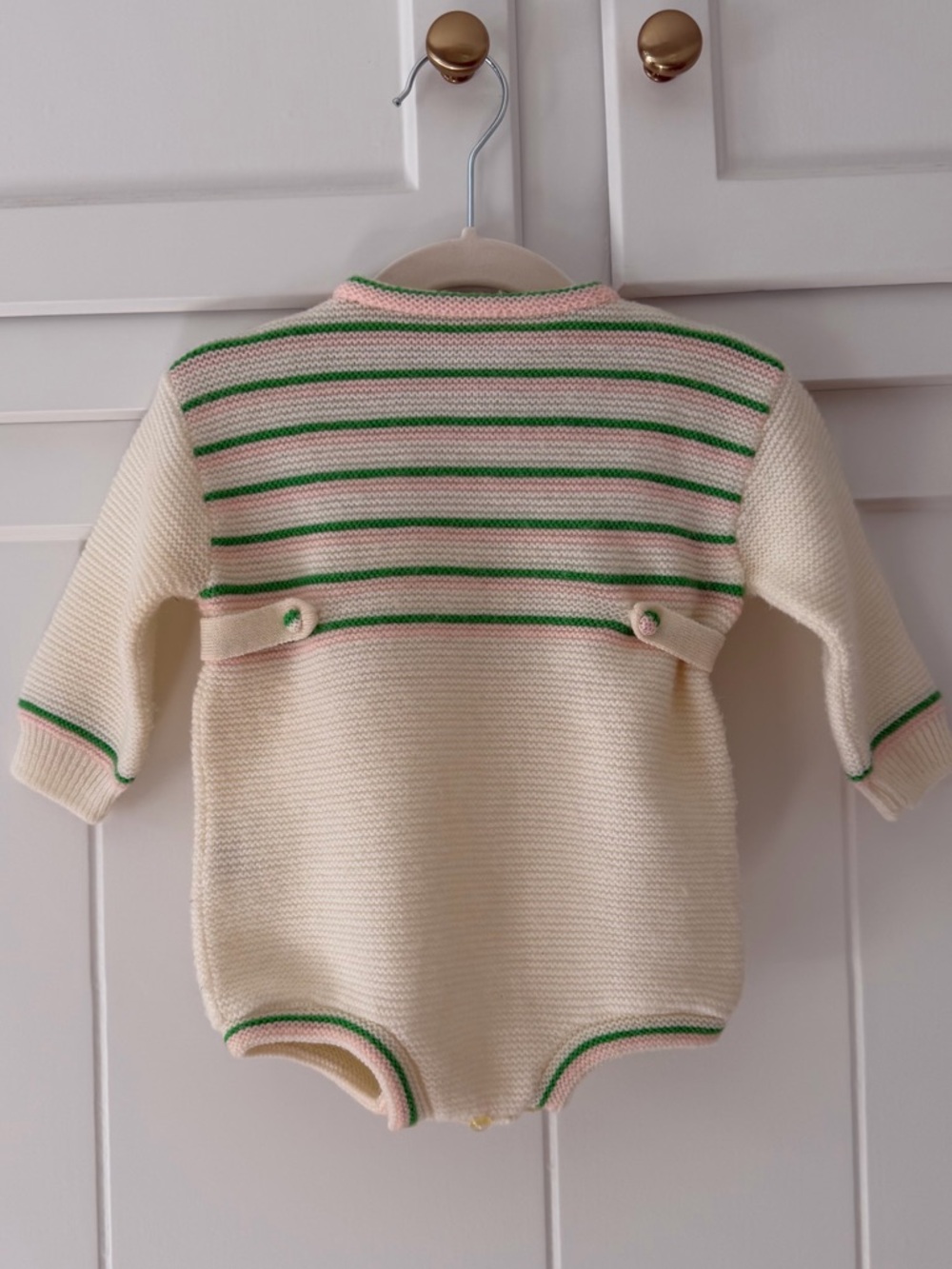 Vintage Harmelanie Made in France Cream & Green Striped Knit Baby One-Piece